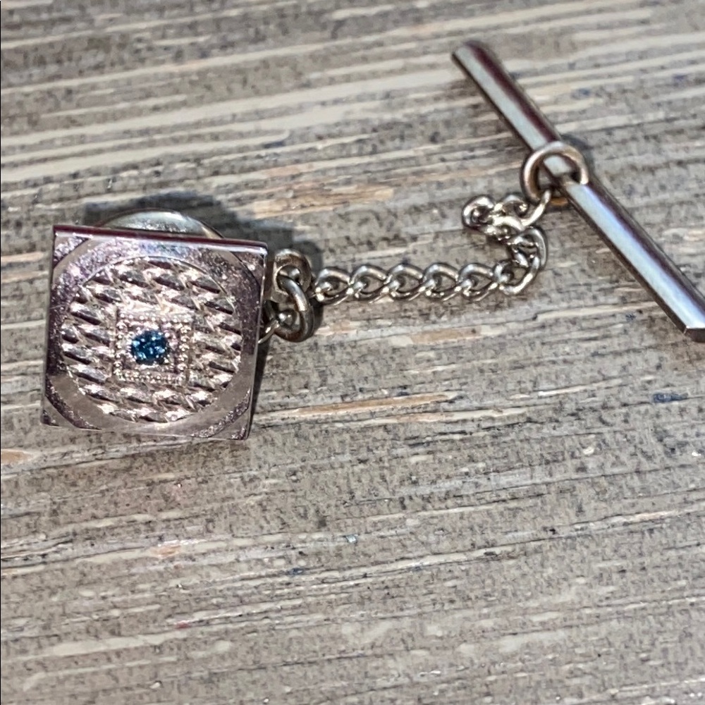 Vintage 60s Blue Rhinestone Silver Tone Tie Tack